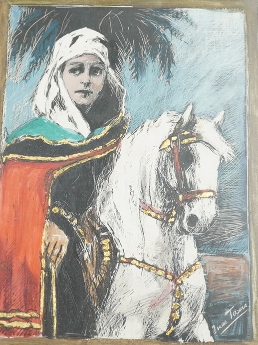 Ines Taxis (1883-1973), mixed media, figure on horseback, indistinctly signed lower right, 19 x 13cm. Condition - good